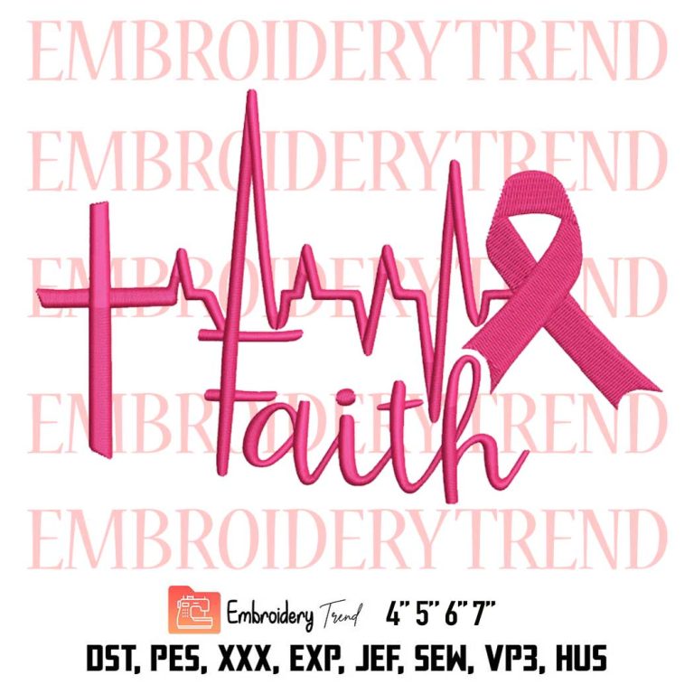 Breast Cancer Embroidery Faith Cross Heartbeat Ribbon Embroidery