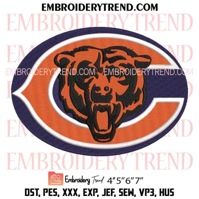 Chicago Head Bear Football Embroidery Design, American Football Machine Embroidery Digitized Pes Files