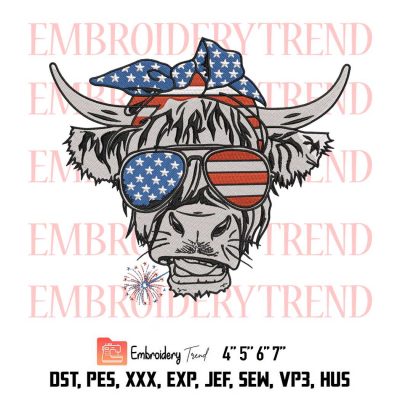 4th of July Patriotic Cow with USA Flag Sunglasses, American Embroidery Design File – Embroidery Machine