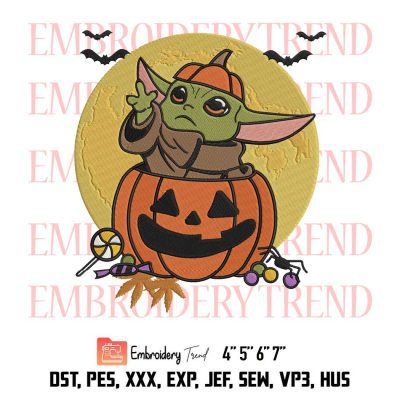 Halloween Baby Yoda Embroidery, Pumpkin Moon Happy Halloween Embroidery, Embroidery Design File