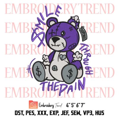 Bear Jordan Smile Through The Pain Embroidery, Jordan 1 Retro Court Purple Outfit Embroidery, Embroidery Design File