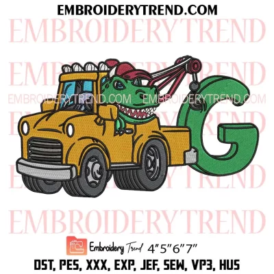 Kids Birthday Tow Truck Dinosaur Embroidery, T-Rex Custom Name Embroidery, Birthday Gift Embroidery, Embroidery Design File