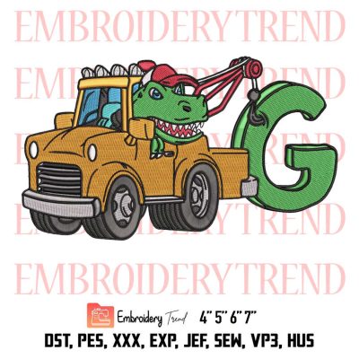 Kids Birthday Tow Truck Dinosaur Embroidery, T-Rex Custom Name Embroidery, Birthday Gift Embroidery, Embroidery Design File