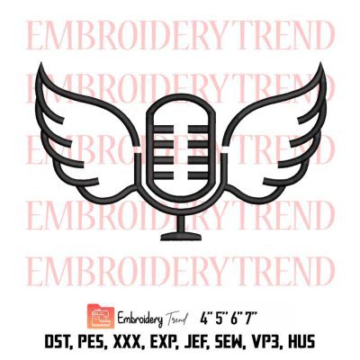 Microphone With Wings Embroidery, Rip Vin Scully Embroidery, Music Studio Radio Embroidery, Embroidery Design File