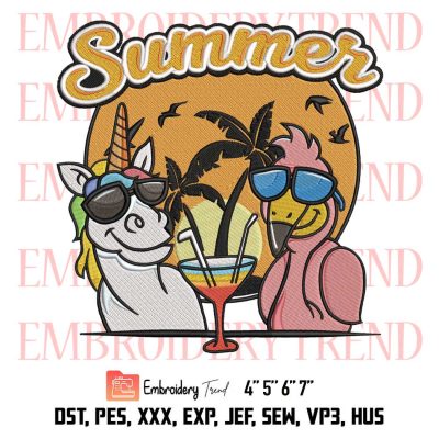 Unicorn And Flamingo Embroidery, Sunglasses Summer Drink Party Embroidery, Gift Vintage Retro Embroidery, Embroidery Design File