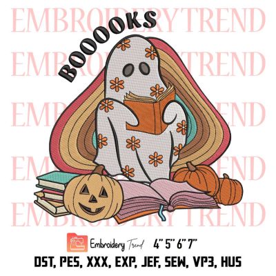 Boo Ghost Reading Booooks Embroidery, Vintage Hippie Embroidery, Retro Halloween Embroidery, Embroidery Design File