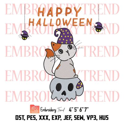 Cute Happy Halloween Embroidery, Kitten Cat Skull Embroidery, Spooky Season Embroidery, Embroidery Design File