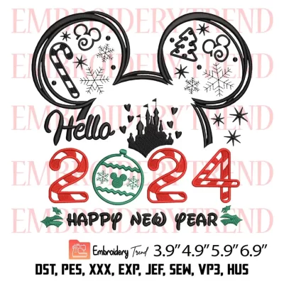 Golden Happy New Year 2024 Embroidery Design, Gold Glitter and Black Embroidery Digitizing Pes File