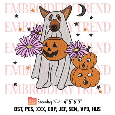 Cute But Creepy Halloween Embroidery, Dog Ghost With Pumpkin Embroidery, Embroidery Design File
