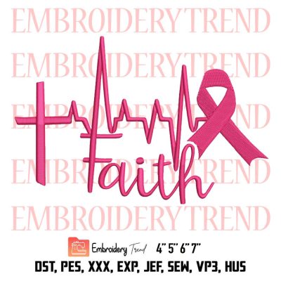 Breast Cancer Embroidery, Faith Cross Heartbeat Ribbon Embroidery, Christian Cancer Survivor Embroidery, Embroidery Design File