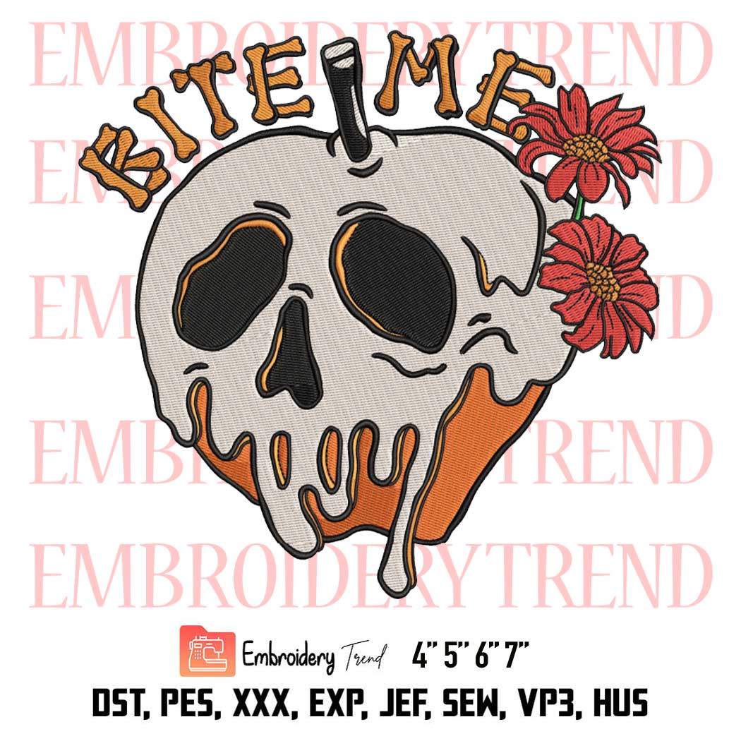 Bite Me Skull Poison Apple Halloween Embroidery, Floral Gift For Halloween Day Embroidery, Embroidery Design File
