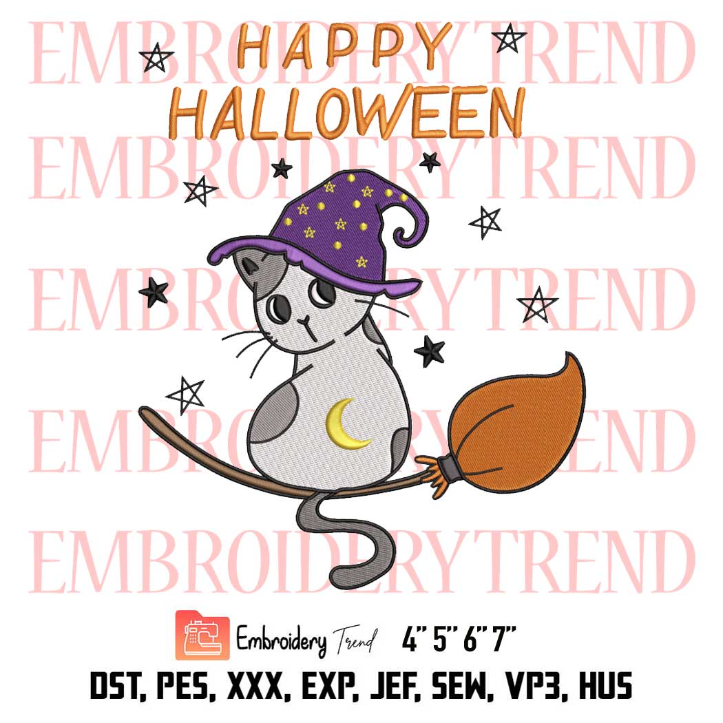 Happy Halloween Witch Kitten Cat Embroidery, Halloween Kitty 2022 Embroidery, Embroidery Design File