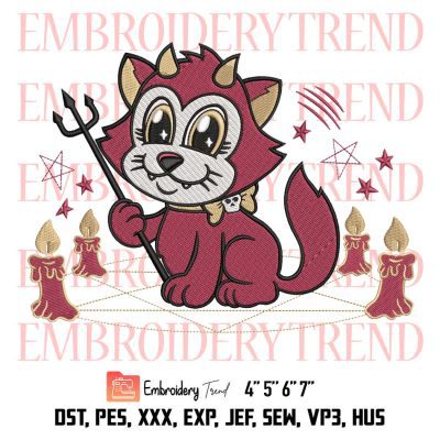 Hellcat – Cartoon Kawaii Devil Embroidery, Cat Witchcraft Embroidery, Chonky Cat Embroidery, Embroidery Design File