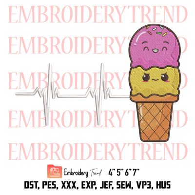 Funny Ice Cream Cone Heartbeat Cute Embroidery, Gifts For Ice Cream Lovers Embroidery, Embroidery Design File