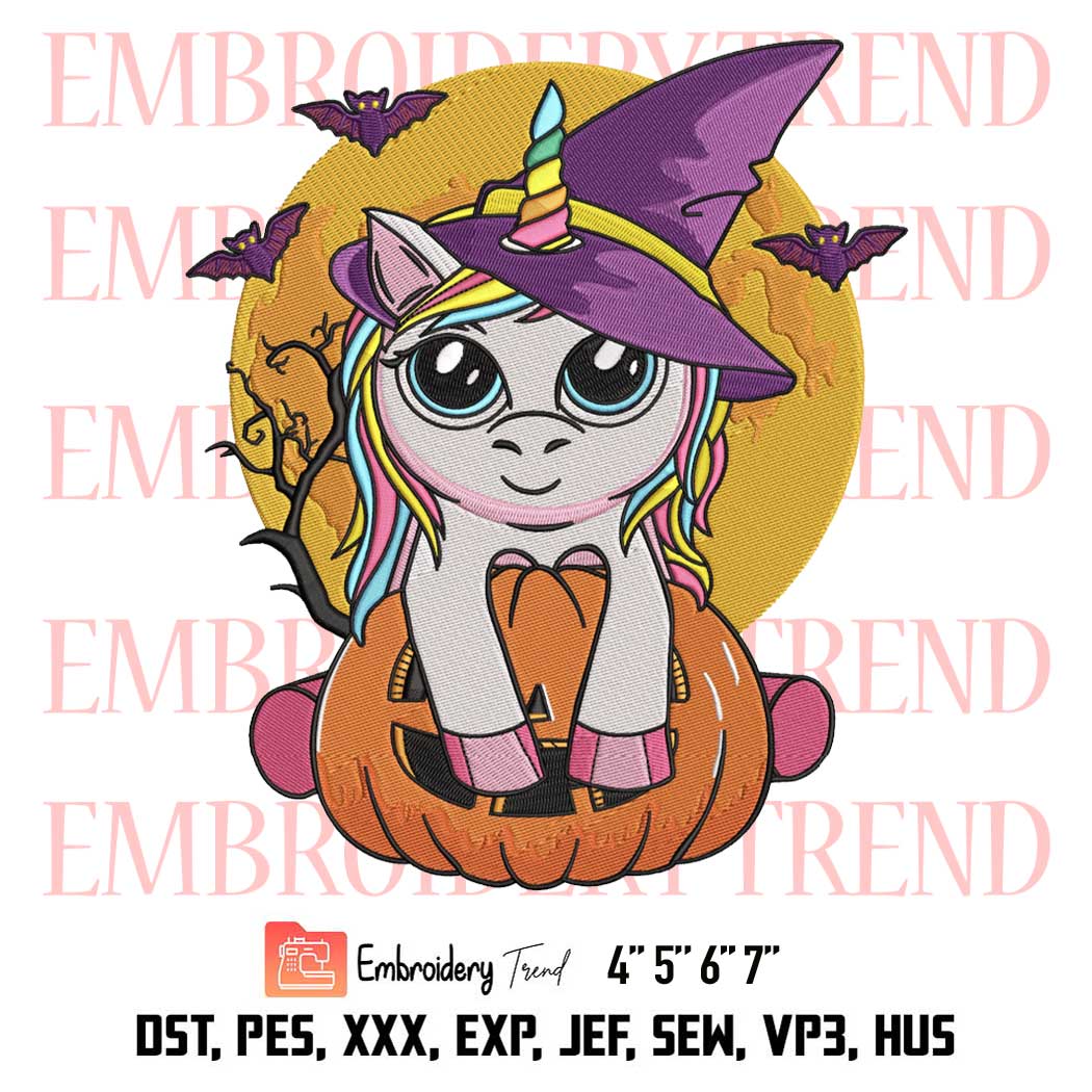 Moon Witchy Unicorn Halloween Embroidery, Witchy Unicorn Witch Hat Pumpkin Halloween Embroidery, Embroidery Design File