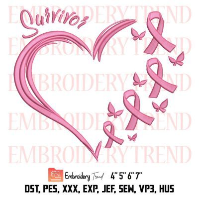 Survivor Heart Butterfly Pink Ribbon Embroidery, Breast Cancer Awareness Embroidery, Embroidery Design File