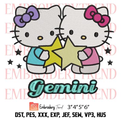 Hello Kitty Gemini Cute Embroidery, Zodiac Horoscope Embroidery, Birthday Gift Gemini Zodiac Embroidery, Embroidery Design File