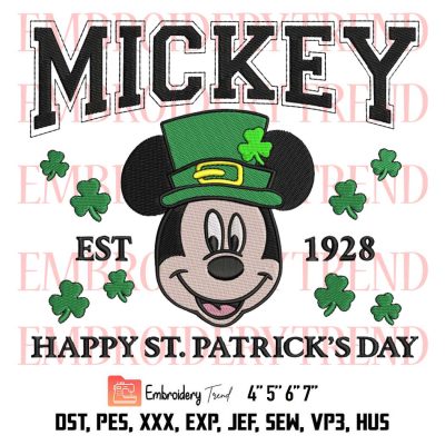 Mickey Happy St Patricks Day 1928 Embroidery, Mouse St Patrick Embroidery, Mickey Mouse Shamrock Embroidery, Embroidery Design File