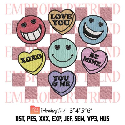 Smiley Candy Hearts Checkered Embroidery, Conversation Hearts Funny Embroidery, Valentines Day Gifts Embroidery, Embroidery Design File