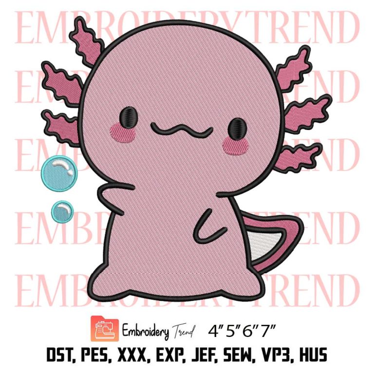 Axolotl Salamander Cute Embroidery, Cute Pink Axolotl Embroidery