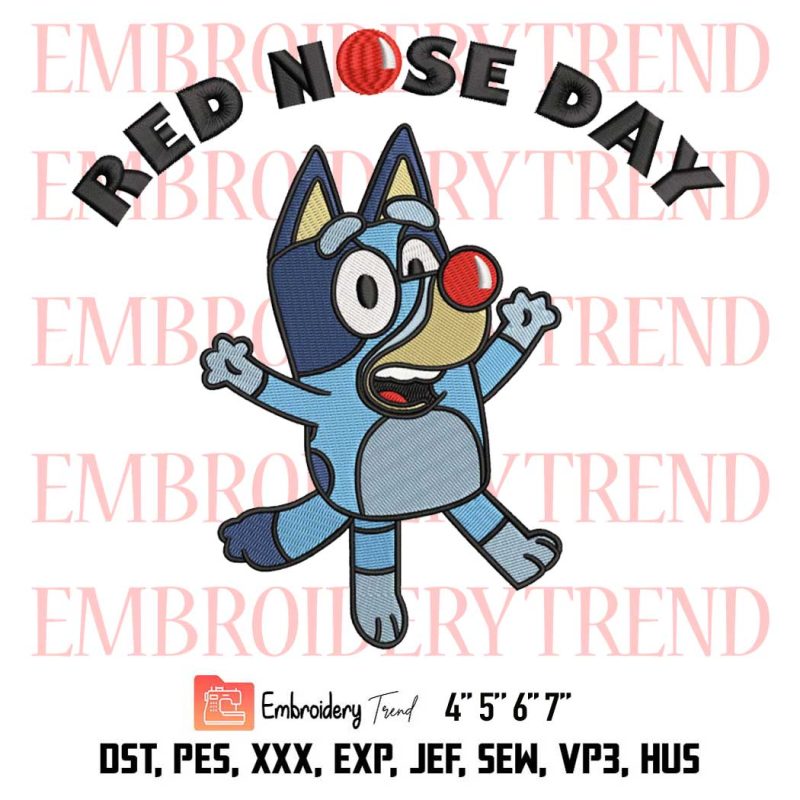 Bluey Heeler Red Nose Day Embroidery, Bluey And Bingo Embroidery, Red