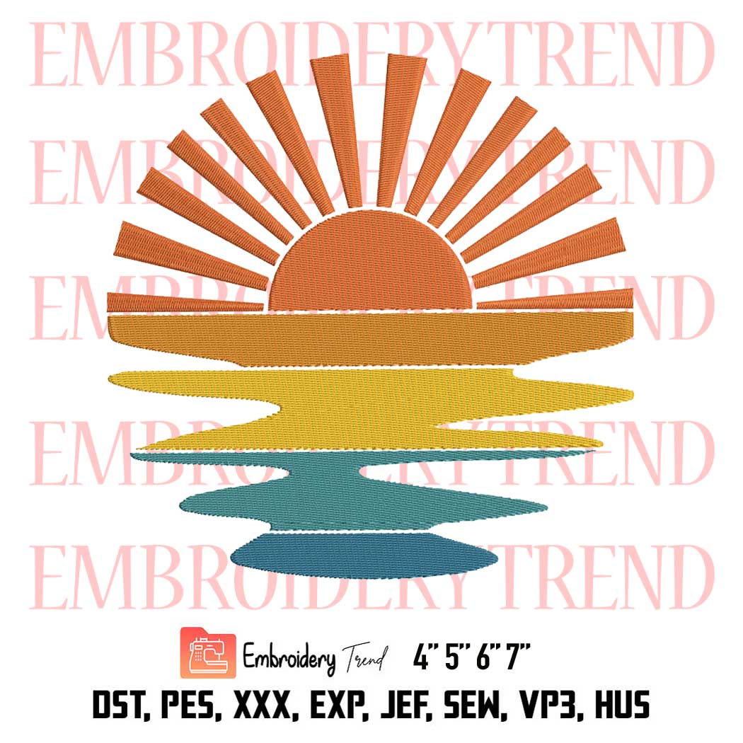 Retro Sunset Rays Wavy Water Embroidery, Summer Sunshine Design File