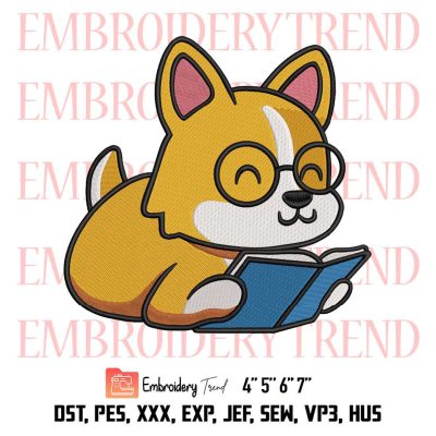 Cute Corgi Dog Reading Book Embroidery, Corgi Dog Design File