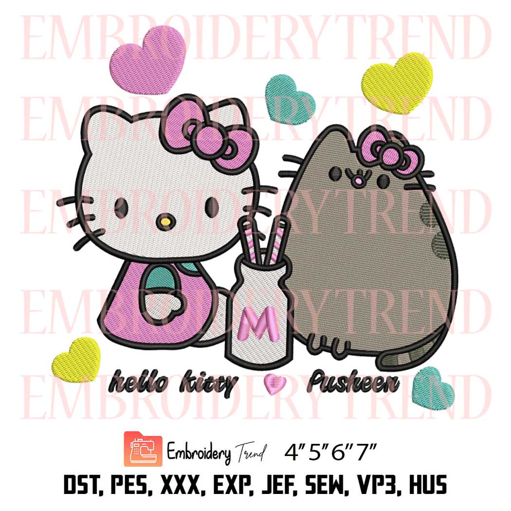Hello Kitty And Pusheen Drink Milk Embroidery Design, Valentine Embroidery File