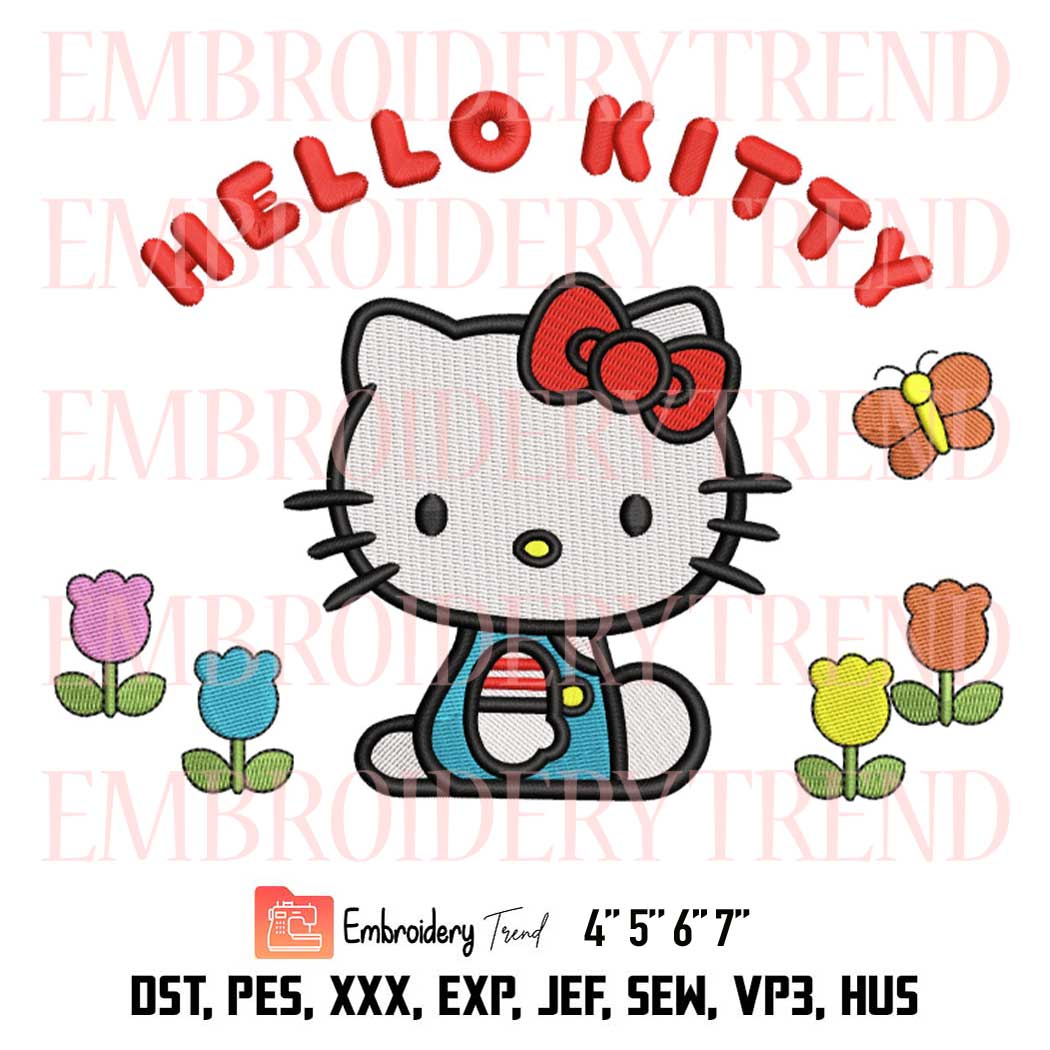 Hello Kitty Flowers And Butterfly Embroidery Design, Cute Hello Kitty Embroidery File