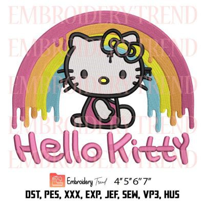 Hello Kitty Rainbow Drip Embroidery Design, Cute Hello Kitty Embroidery File