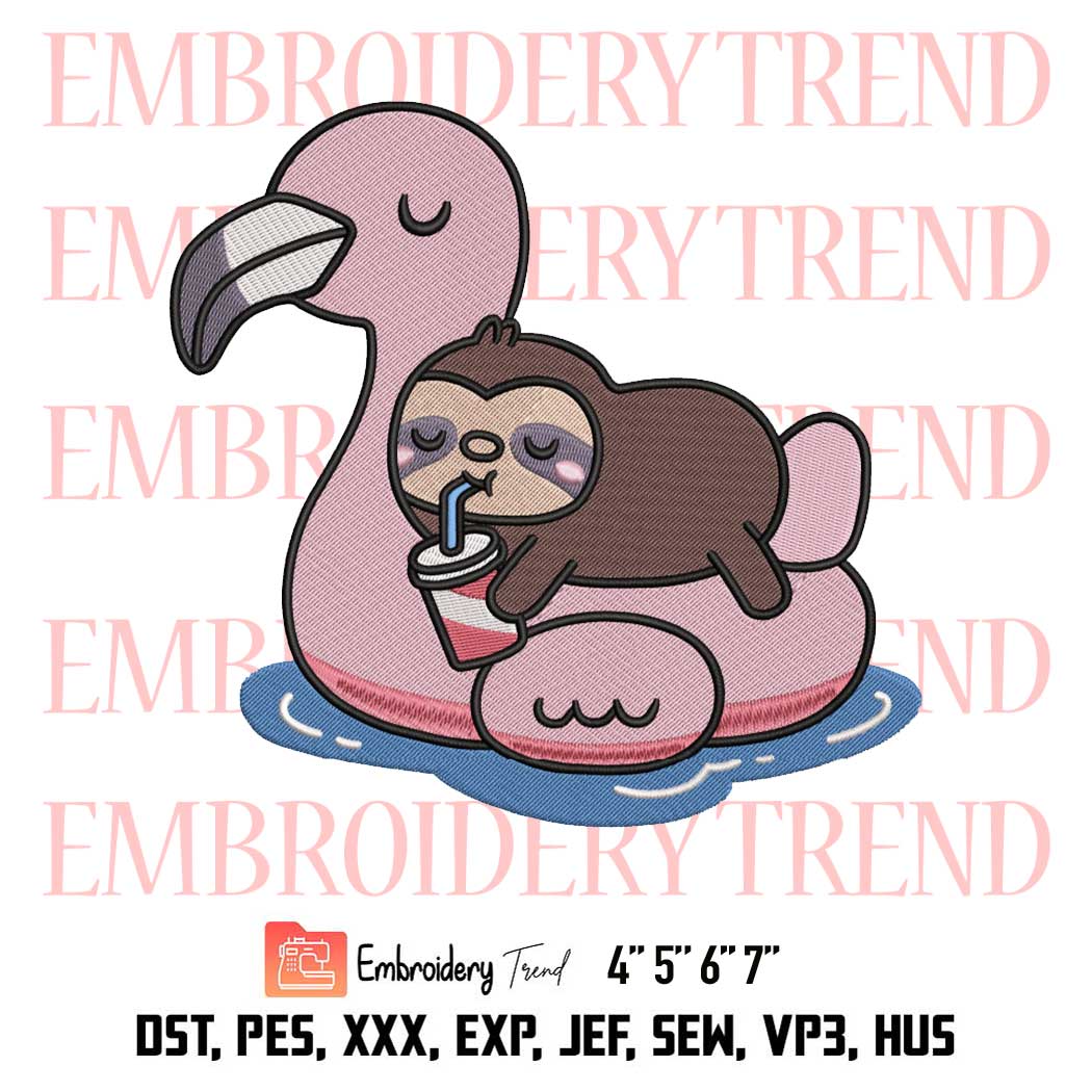 Little Sloth Chilling on Flamingo Pool Float Embroidery, Funny Little Sloth Design File