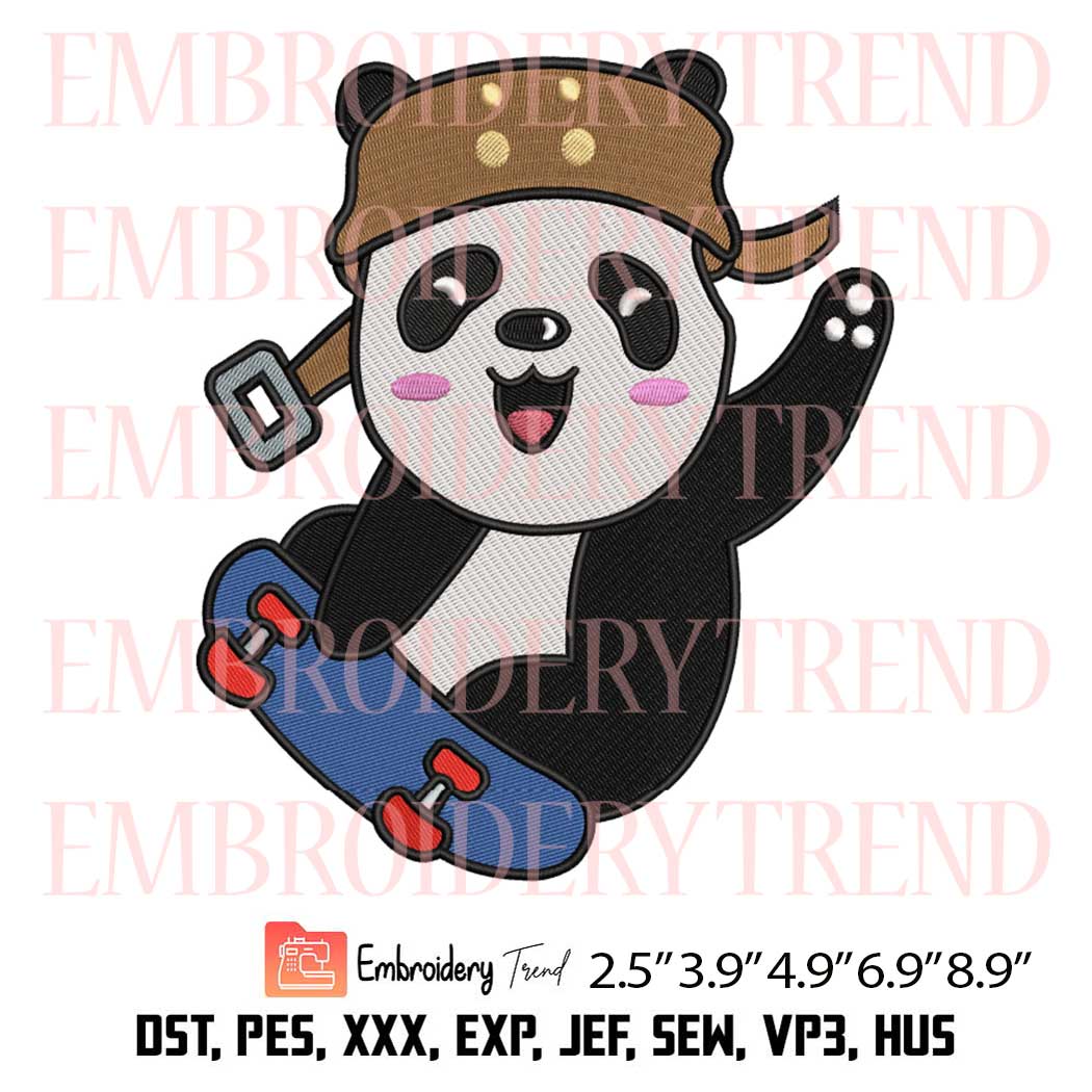 Cute Panda Skateboarding Embroidery – Animal Love Machine Embroidery Design
