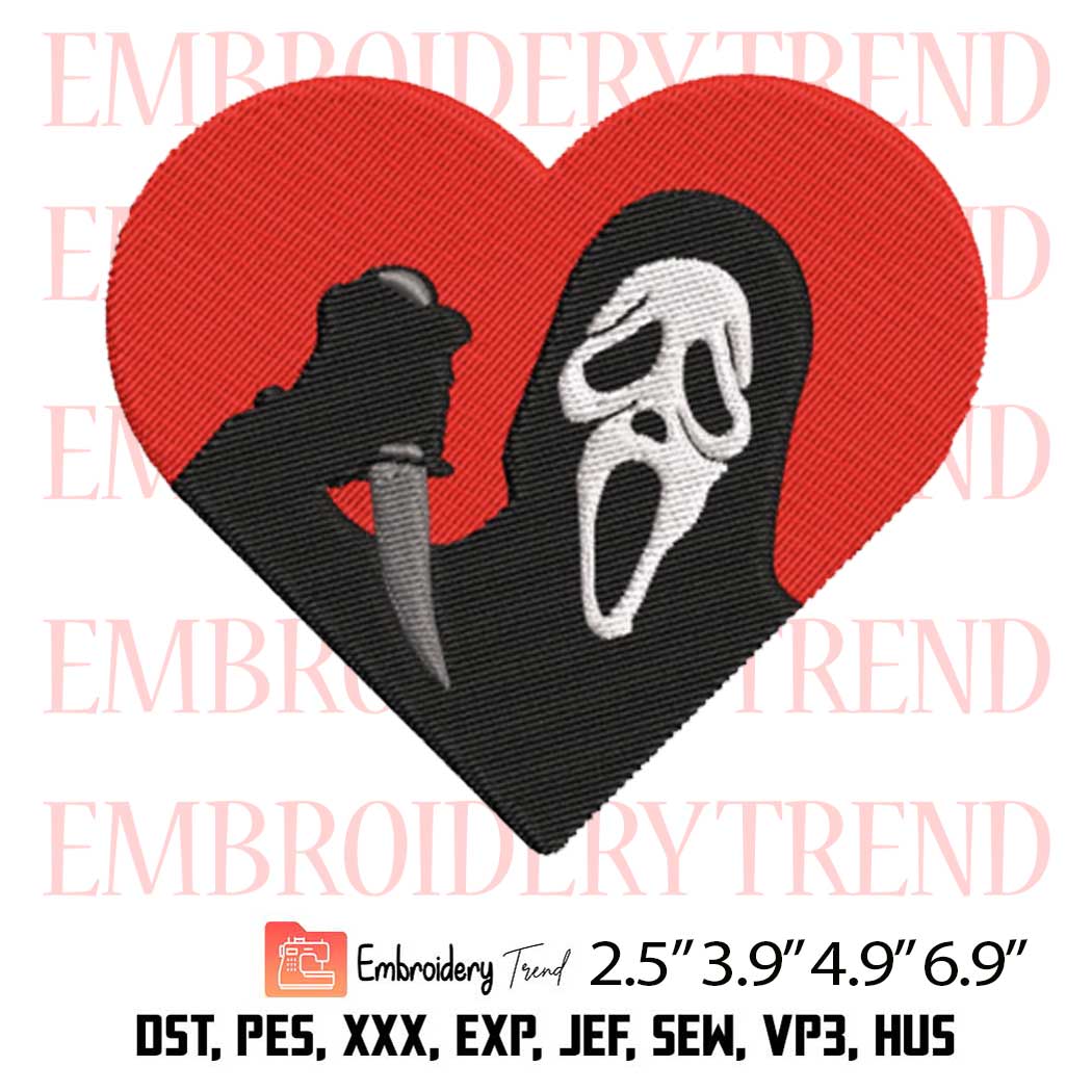Ghostface Heart Embroidery Design – Halloween Scream Embroidery Digitizing File