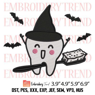 Witch Dentist Halloween Embroidery Design – Brush Your Teeth Funny Embroidery Digitizing File