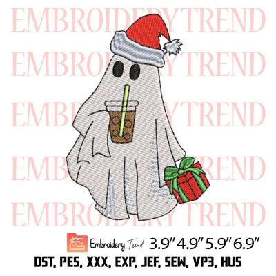 Ghost Christmas Drinking Iced Coffee Embroidery Design – Halloween Christmas Embroidery Digitizing File