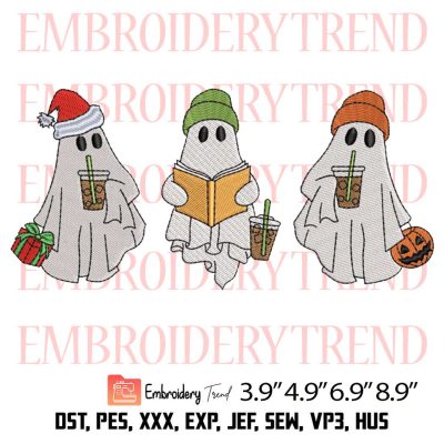 Cute Spooky Halloween 2023 Embroidery Design – Ghost Drink Coffee Embroidery Digitizing File