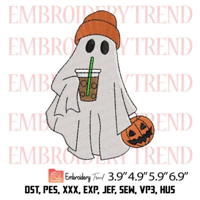 Ghost Drinking Coffee Funny Embroidery Design – Halloween Embroidery Digitizing File