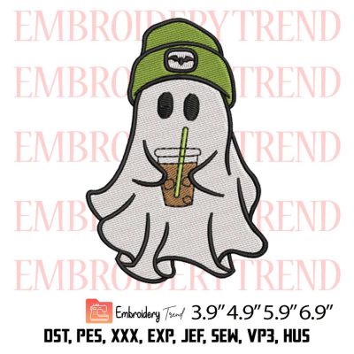 Ghost Drinking Iced Coffee Embroidery Design – Halloween Embroidery Digitizing File