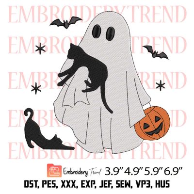 Ghost Pumpkin Cat Embroidery Design – Ghost with Cat Halloween Embroidery Digitizing File