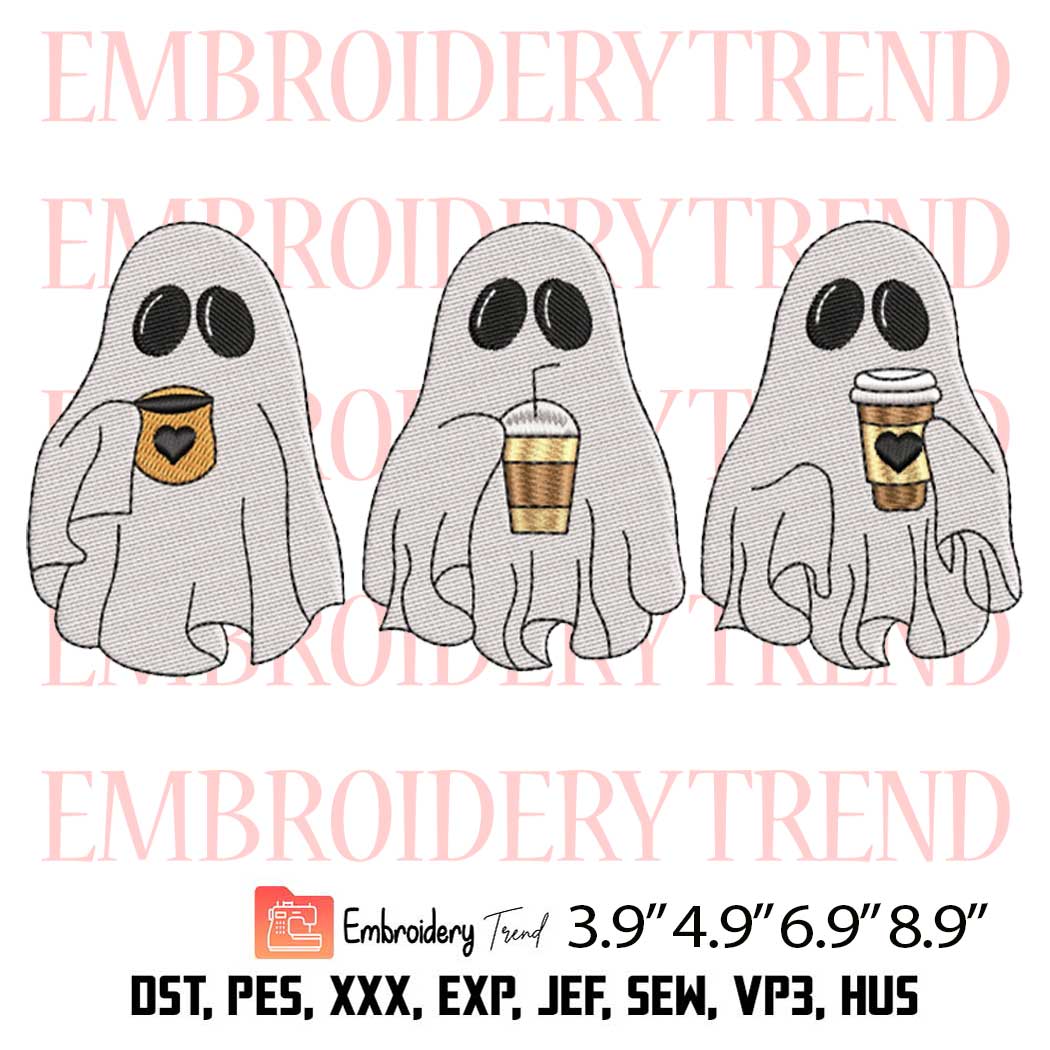 Ghosts Drink Coffee Embroidery Design – Halloween Funny Embroidery Digitizing File