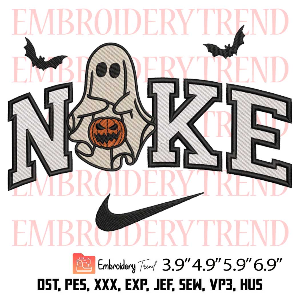 Nike Ghost Holding Pumpkin Embroidery Design – Ghost Halloween Embroidery Digitizing File
