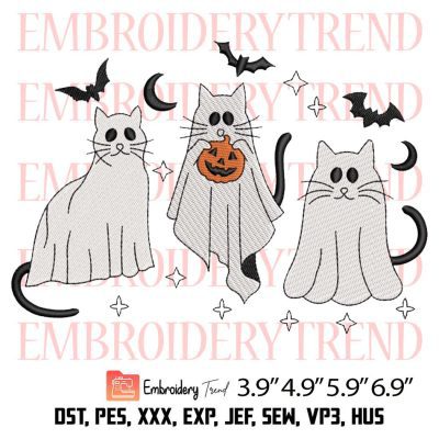 Cute Cat Ghost Halloween Embroidery Design – Funny Halloween Embroidery Digitizing File