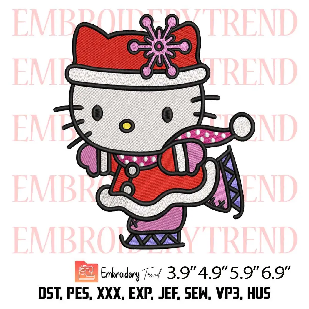 Hello Kitty Ice Skating Embroidery Design, Christmas Dance Embroidery Digitizing File