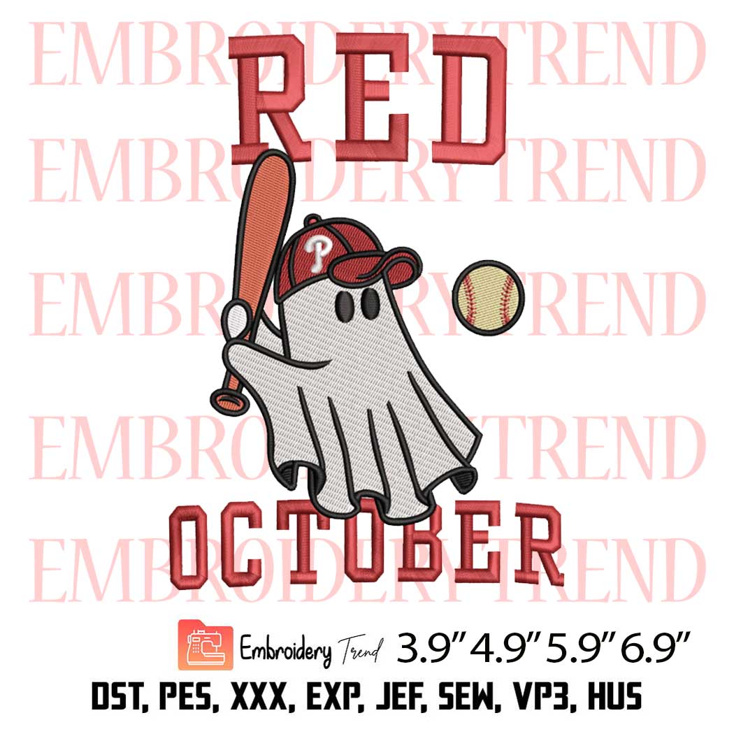 Red October Cute Ghost Embroidery Design – Halloween Baseball Embroidery Digitizing File