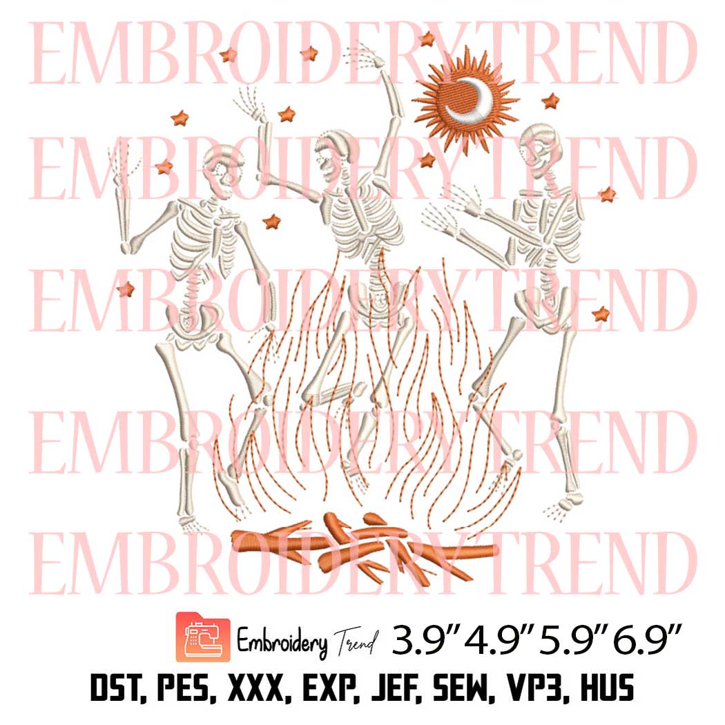 Skeletons Dancing Around Fire Embroidery Design –  Halloween Skeleton Embroidery Digitizing File
