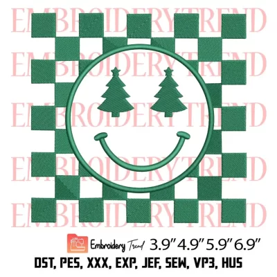 Checkered Smiley Face Christmas Tree Embroidery Design, Christmas Happy Face Embroidery Digitizing Pes File