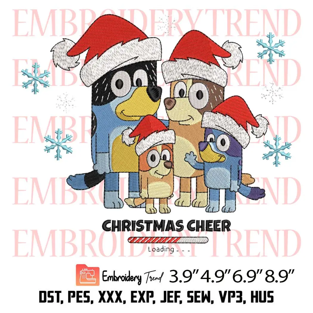 Christmas Cheer Blue Dog Family Embroidery Design, Merry Christmas Embroidery Digitizing File