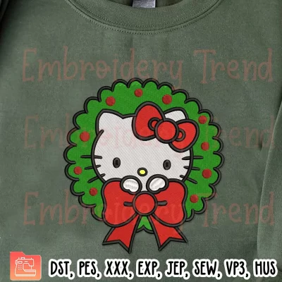 Christmas Wreath Flower Hello Kitty Embroidery Design, Hello Kitty Christmas Embroidery Digitizing Pes File