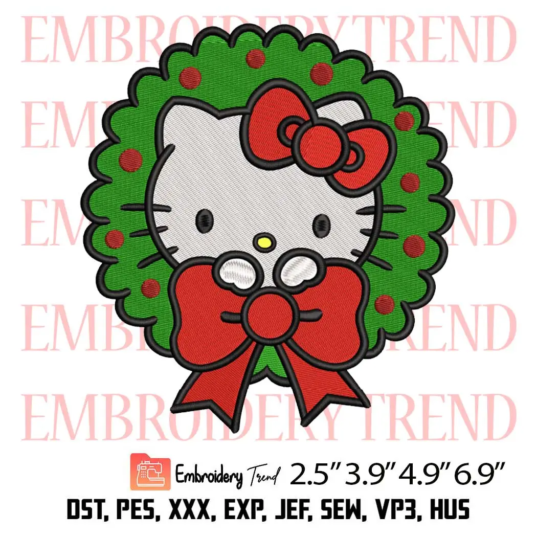 Christmas Wreath Flower Hello Kitty Embroidery Design, Hello Kitty Christmas Embroidery Digitizing Pes File