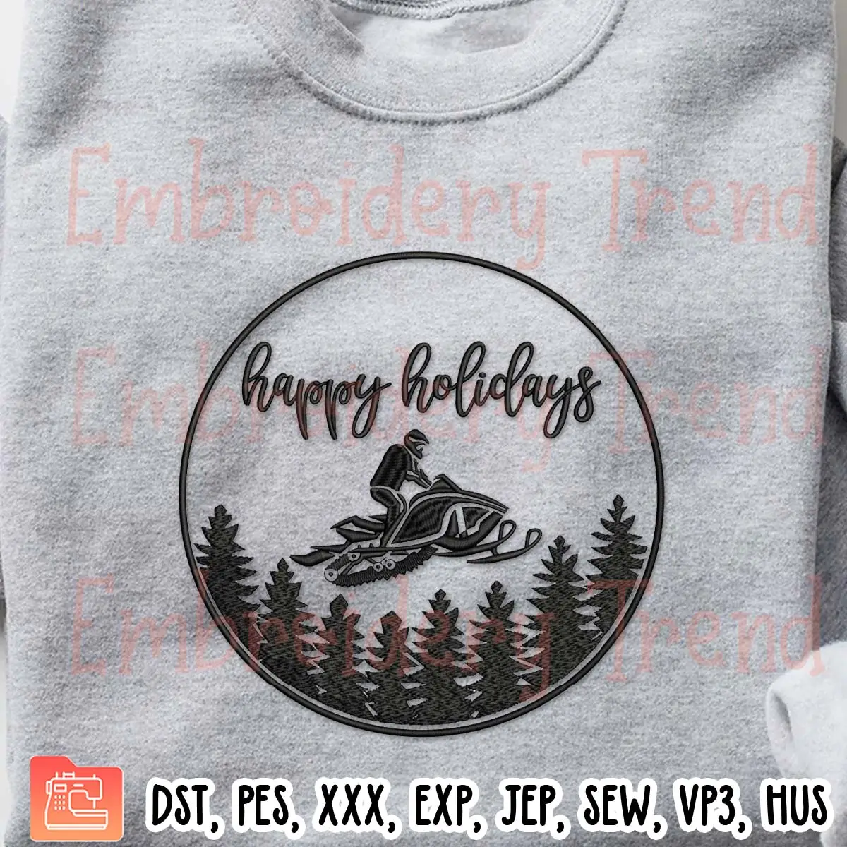 Happy Holidays Snowmobile Embroidery Design, Snowmobile Rider Embroidery Digitizing Pes File